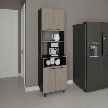 Kitchen Pantry, 4 Doors, 4, 4 Shelves, White Oak/ Black Wengue