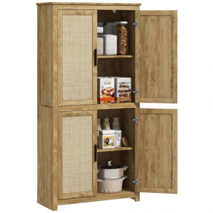 HOMCOM 64 Rattan Kitchen Storage Cabinet with Adjustable Shelf, Natural