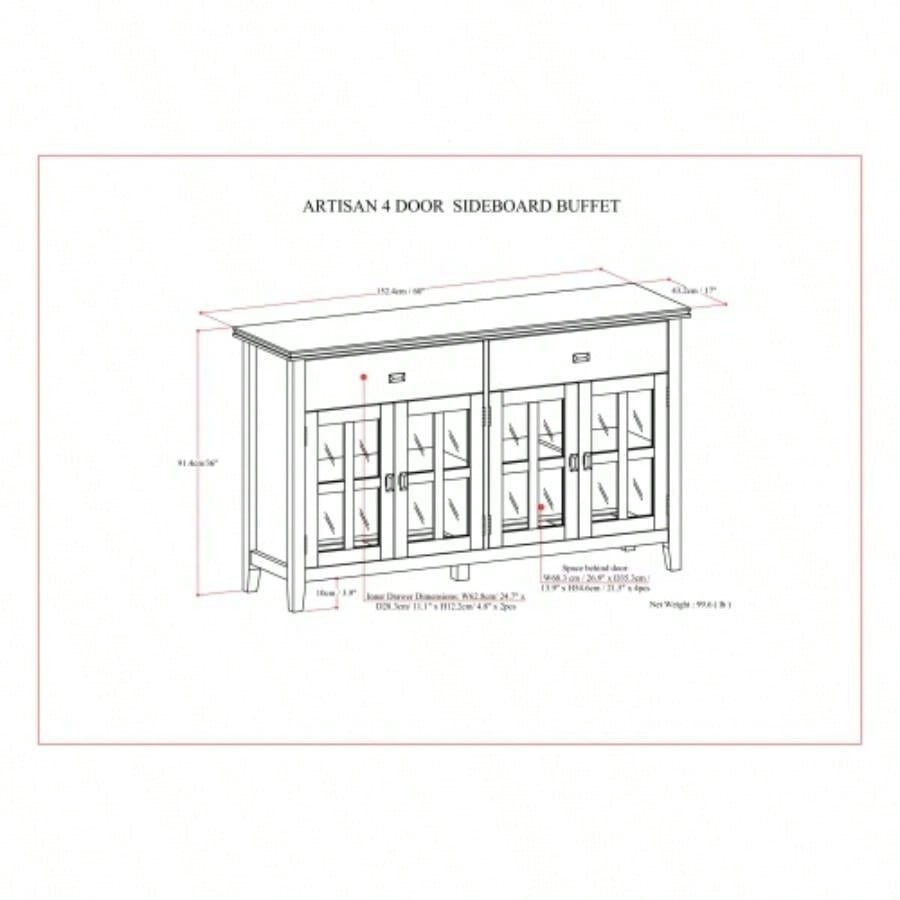 Artisan Solid Wood Large 4 Door Sideboard Buffet in Dark Chestnut Brown