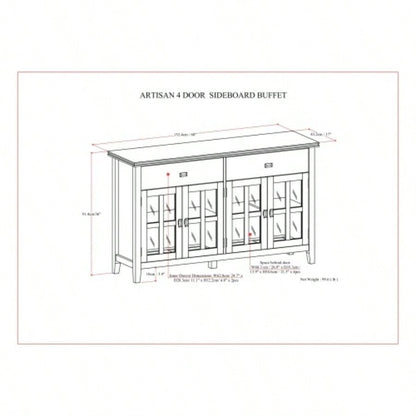 Artisan Solid Wood Large 4 Door Sideboard Buffet in Dark Chestnut Brown