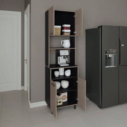 Kitchen Pantry, 4 Doors, 4, 4 Shelves, White Oak/ Black Wengue