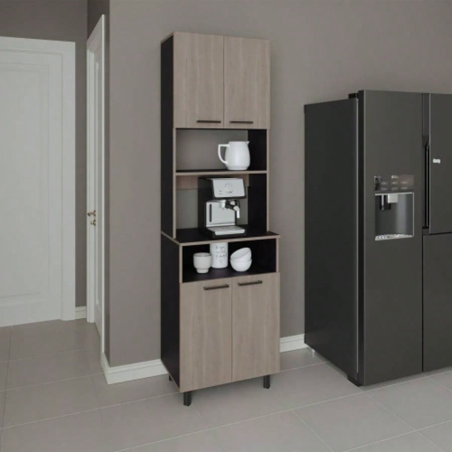 Kitchen Pantry, 4 Doors, 4, 4 Shelves, White Oak/ Black Wengue