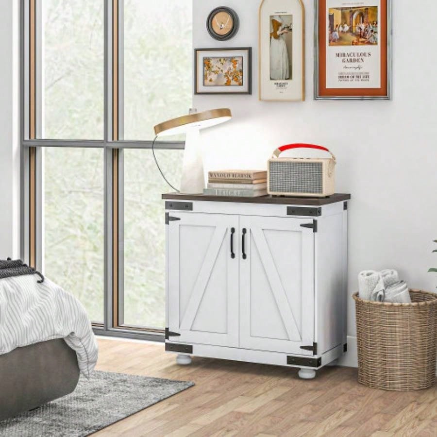 HOMCOM Modern Farmhouse Sideboard, Buffet Cabinet with Barn Style Door and Adjustable Shelf, Kitchen Storage Cabinet with Wood, Distressed White and Brown