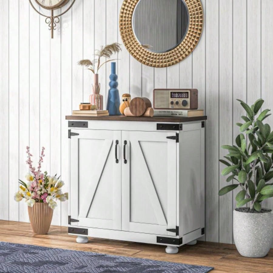 HOMCOM Modern Farmhouse Sideboard, Buffet Cabinet with Barn Style Door and Adjustable Shelf, Kitchen Storage Cabinet with Wood, Distressed White and Brown