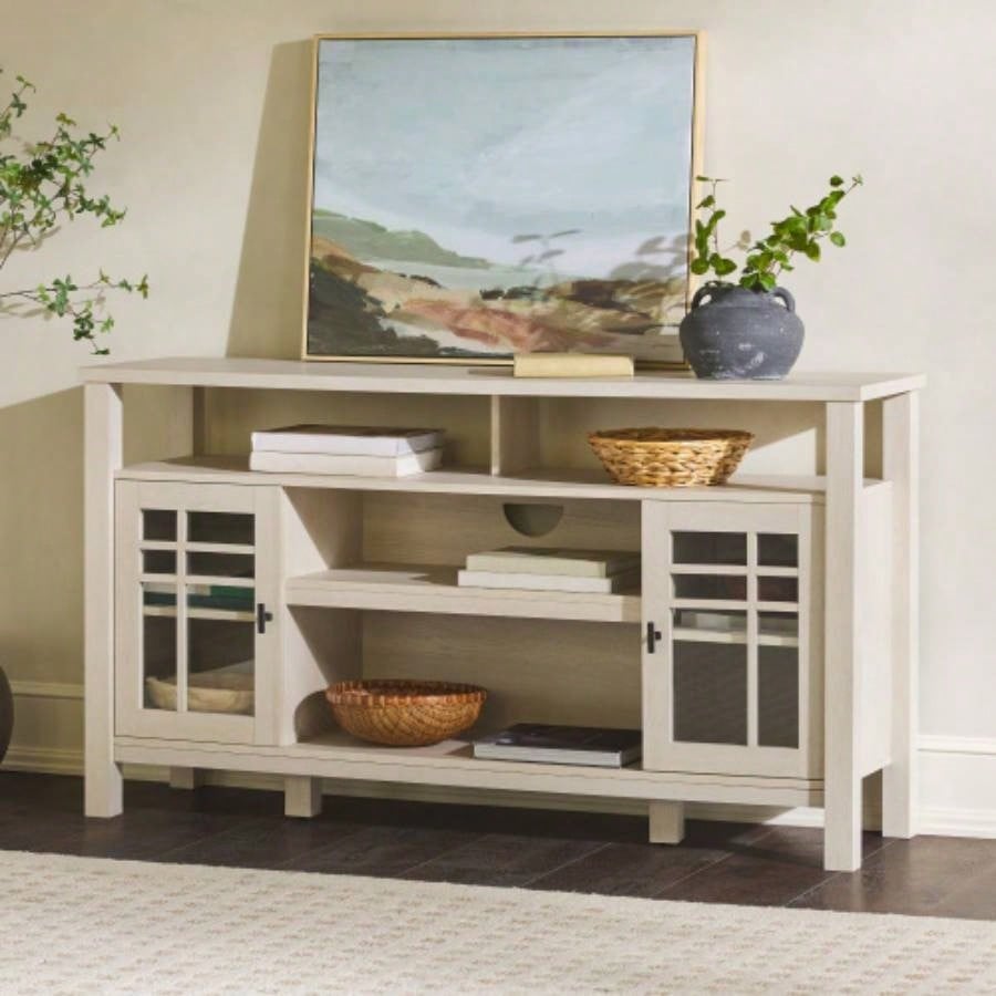 Transitional 58 2 - Door Sideboard with Windowpane Design, Ivory Oak