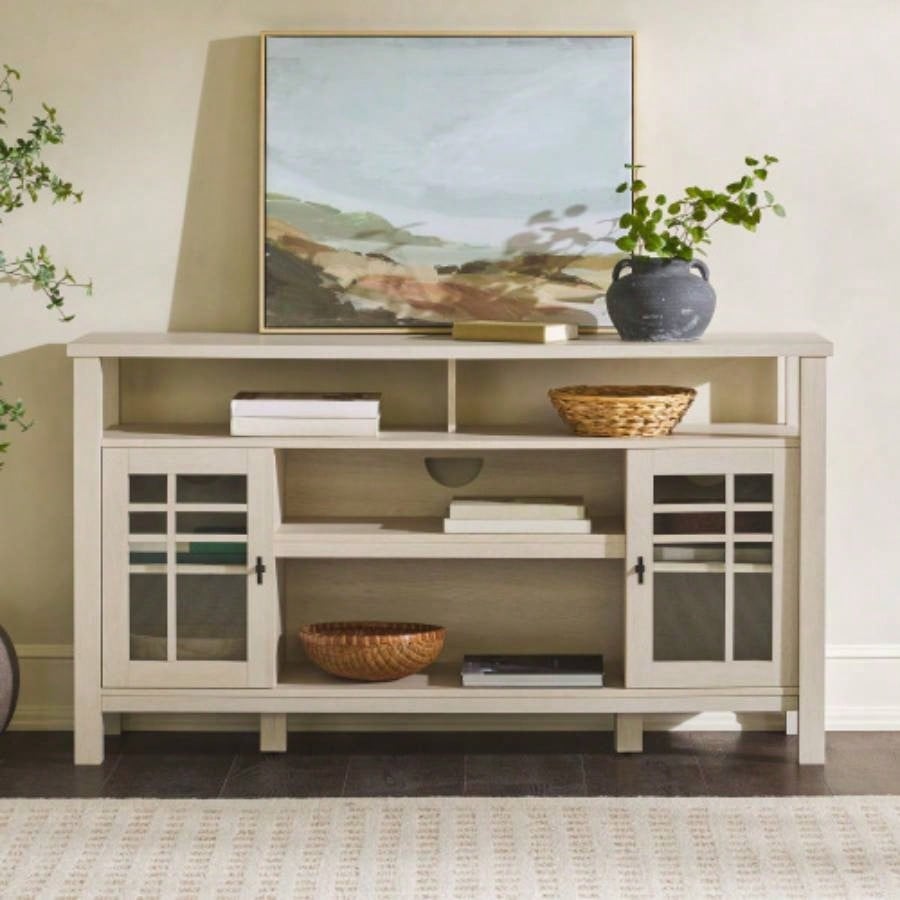 Transitional 58 2 - Door Sideboard with Windowpane Design, Ivory Oak