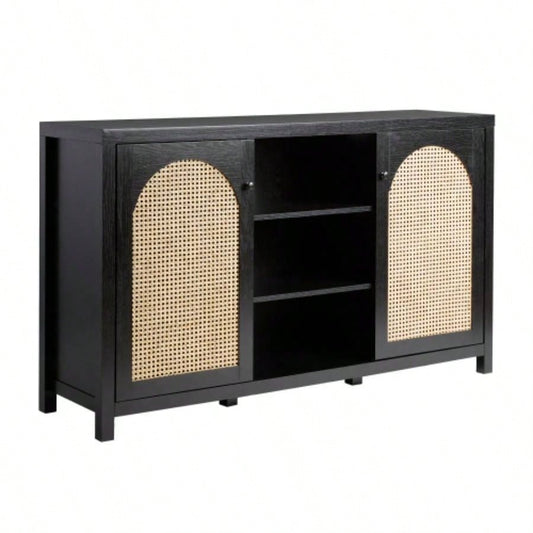 Transitional 58 2 - Door Sideboard with Arched Rattan Panels, Black