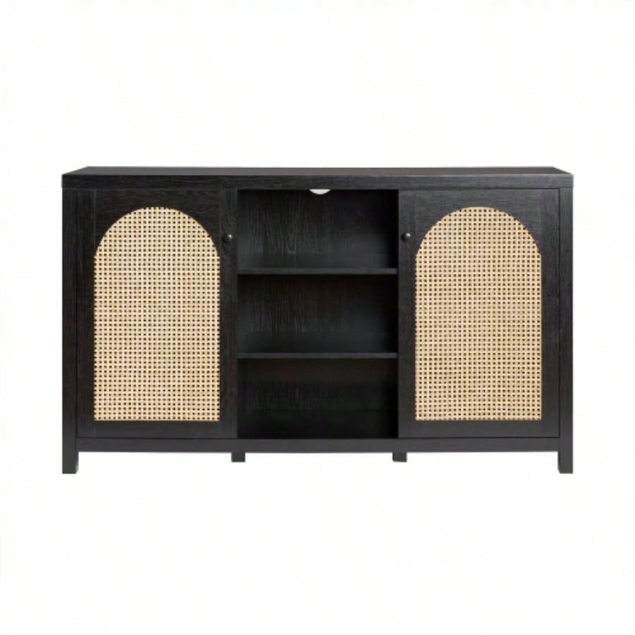 Transitional 58 2 - Door Sideboard with Arched Rattan Panels, Black