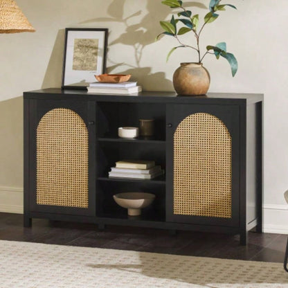Transitional 58 2 - Door Sideboard with Arched Rattan Panels, Black
