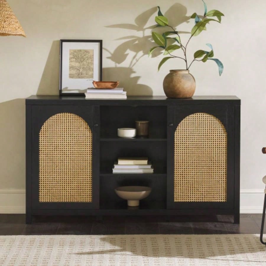 Transitional 58 2 - Door Sideboard with Arched Rattan Panels, Black