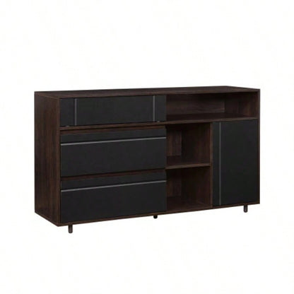 Contemporary Detailed - Door Sideboard with Open Storage - Dark Espresso/ Solid Black
