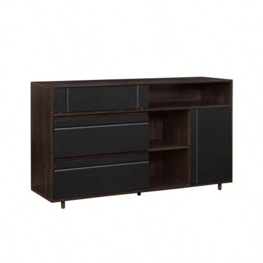 Contemporary Detailed - Door Sideboard with Open Storage - Dark Espresso/ Solid Black