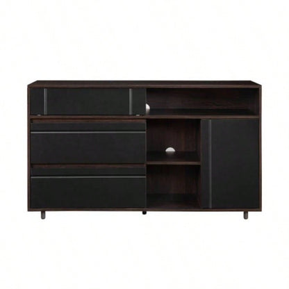 Contemporary Detailed - Door Sideboard with Open Storage - Dark Espresso/ Solid Black