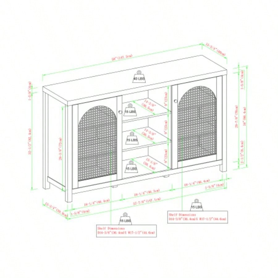 Transitional 58 2 - Door Sideboard with Rattan Panels, English Oak