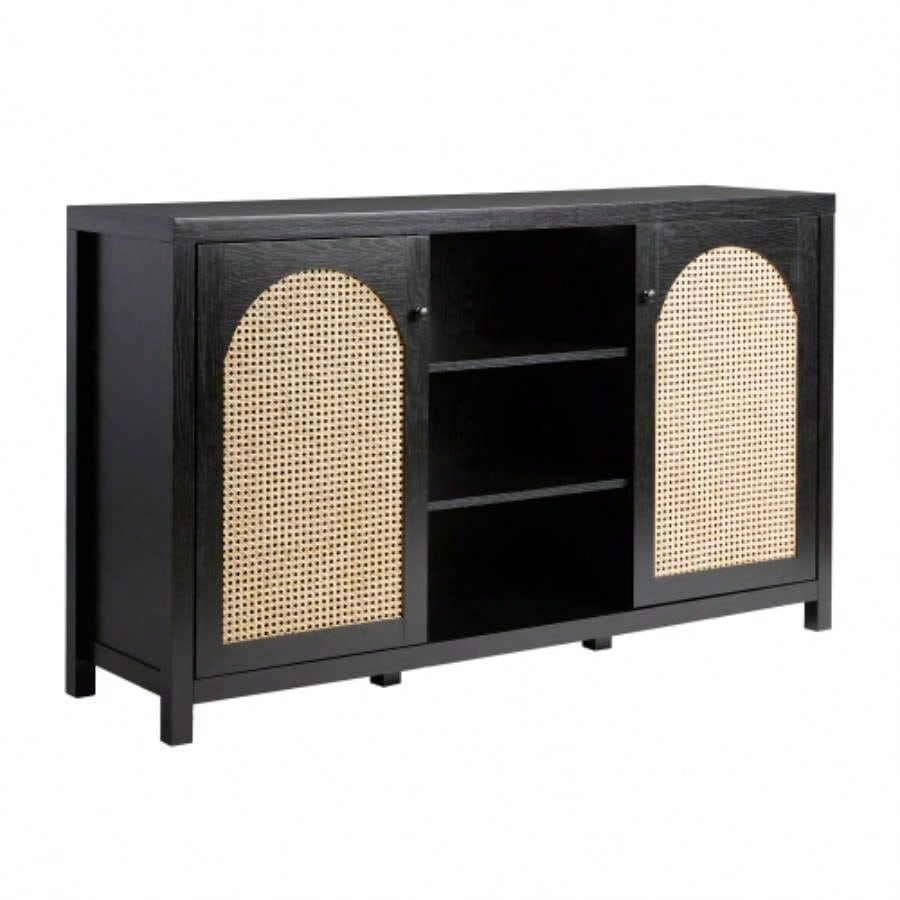 Transitional 58 2 - Door Sideboard with Arched Rattan Panels, Black