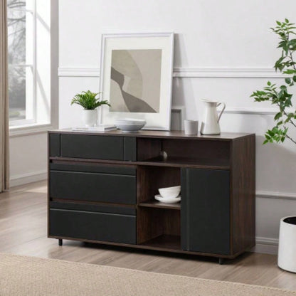 Contemporary Detailed - Door Sideboard with Open Storage - Dark Espresso/ Solid Black