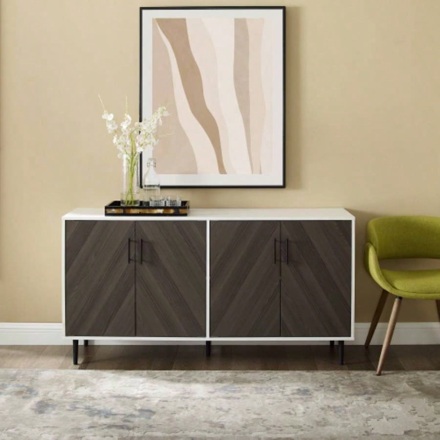 Mid - Modern Faux - Bookmatch Door Buffet - Ash Brown Bookmatch/ Solid White