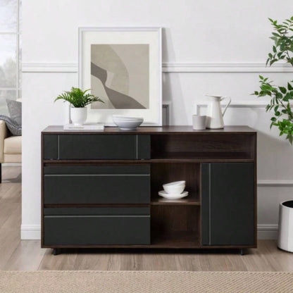 Contemporary Detailed - Door Sideboard with Open Storage - Dark Espresso/ Solid Black