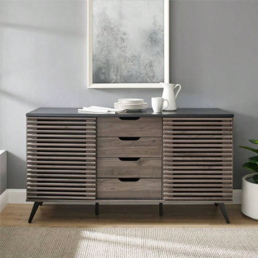 Contemporary Sliding Slat - Door Sideboard - Ebony/Slate