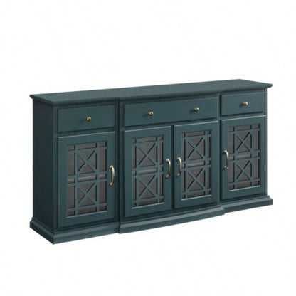 Classic Fretwork Detailed Glass - Door Sideboard - Dark Teal