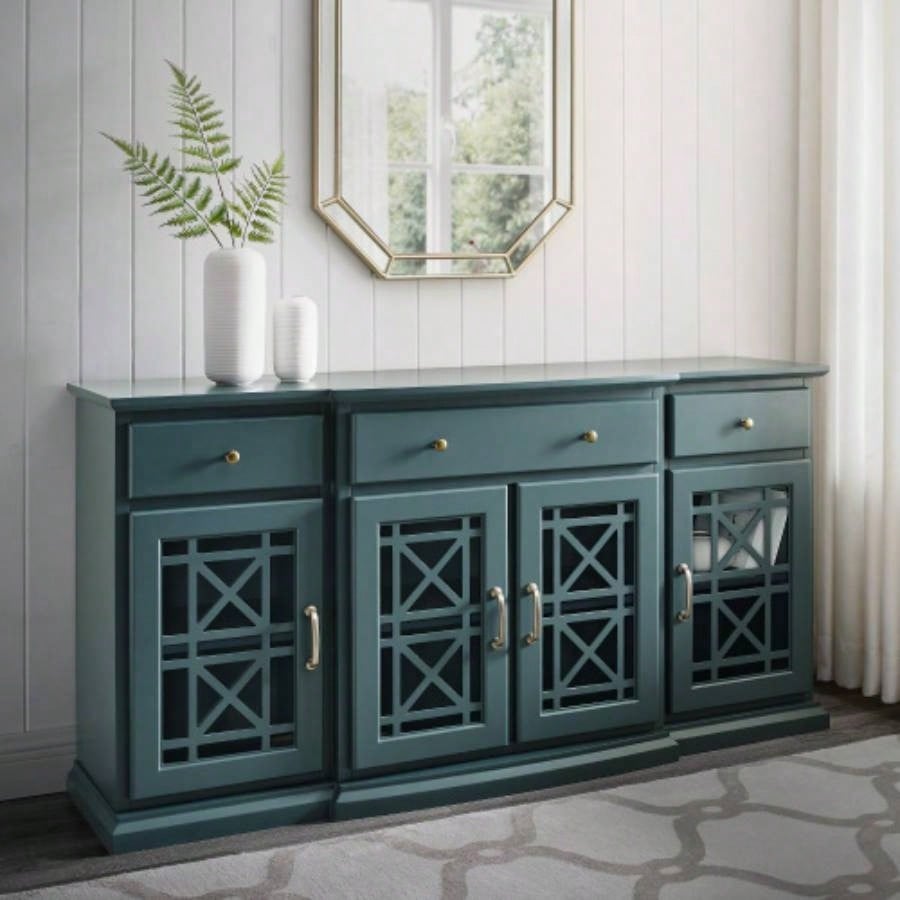 Classic Fretwork Detailed Glass - Door Sideboard - Dark Teal