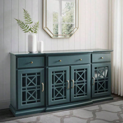 Classic Fretwork Detailed Glass - Door Sideboard - Dark Teal