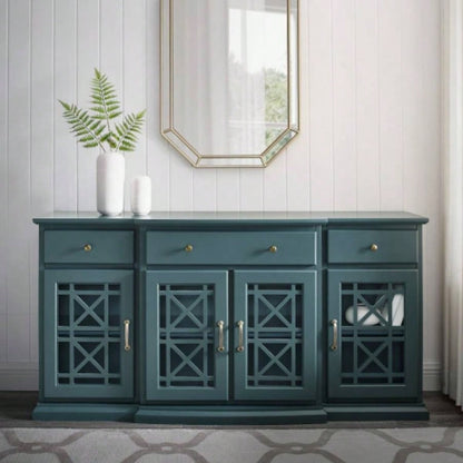 Classic Fretwork Detailed Glass - Door Sideboard - Dark Teal