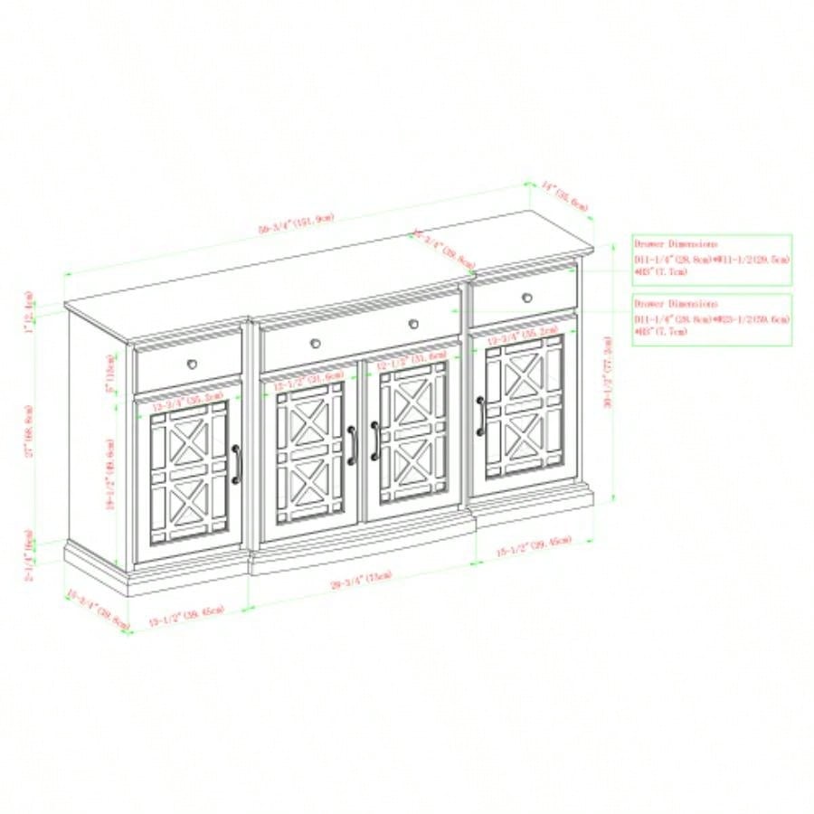 Classic Fretwork Detailed Glass - Door Sideboard - Dark Teal