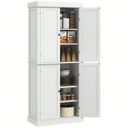 HOMCOM 72.5 Freestanding Kitchen Pantry Cabinet, Tall Storage Cabinet with 4 Doors and 2 Adjustable Shelves Dining Room, White Wood Grain