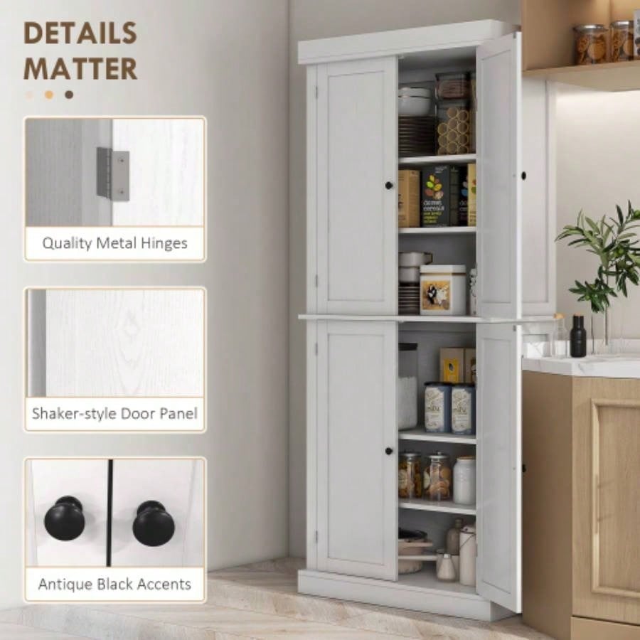 HOMCOM 72.5 Freestanding Kitchen Pantry Cabinet, Tall Storage Cabinet with 4 Doors and 2 Adjustable Shelves Dining Room, White Wood Grain