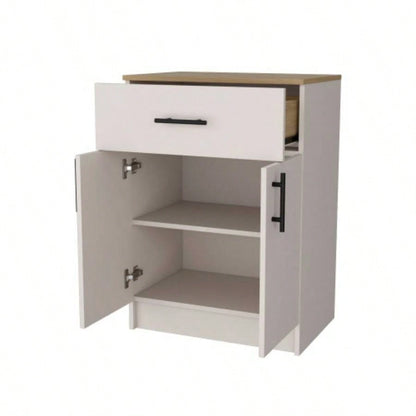 FM FURNITURE Cope kitchen Pantry in melamine with 2 doors and 1 drawer, ivory/ natural Oak