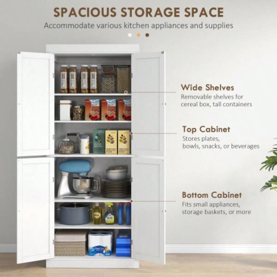 HOMCOM 72.5 Freestanding Kitchen Pantry Cabinet, Tall Storage Cabinet with 4 Doors and 2 Adjustable Shelves Dining Room, White Wood Grain