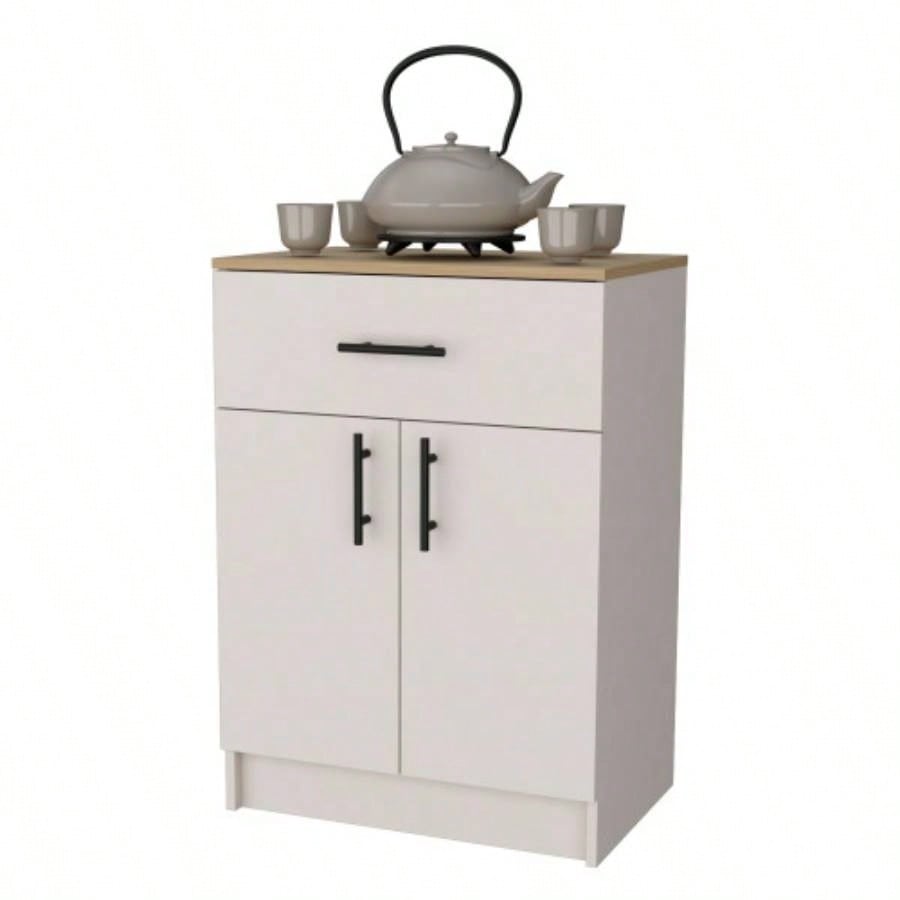 FM FURNITURE Cope kitchen Pantry in melamine with 2 doors and 1 drawer, ivory/ natural Oak