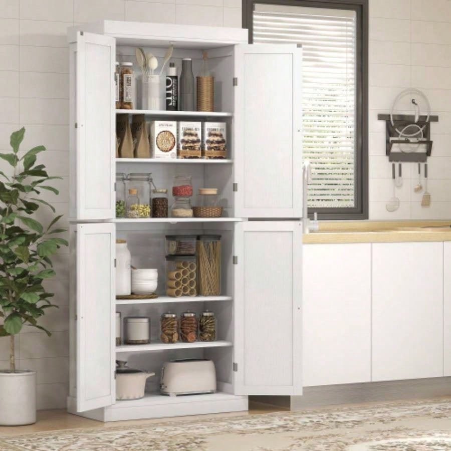 HOMCOM 72.5 Freestanding Kitchen Pantry Cabinet, Tall Storage Cabinet with 4 Doors and 2 Adjustable Shelves Dining Room, White Wood Grain