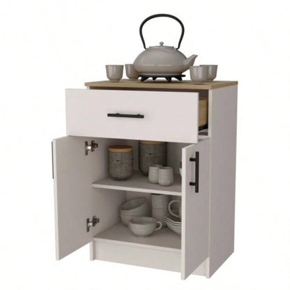 FM FURNITURE Cope kitchen Pantry in melamine with 2 doors and 1 drawer, ivory/ natural Oak