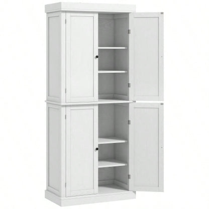 HOMCOM 72.5 Freestanding Kitchen Pantry Cabinet, Tall Storage Cabinet with 4 Doors and 2 Adjustable Shelves Dining Room, White Wood Grain