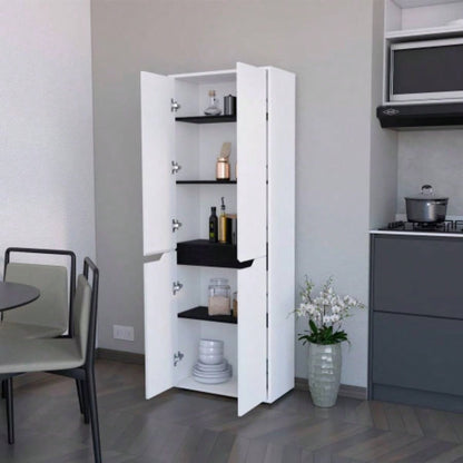 FM FURNITURE Keyser Multistorage Kitchen Pantry with 5 Shelves and 4 Doors, White/Black