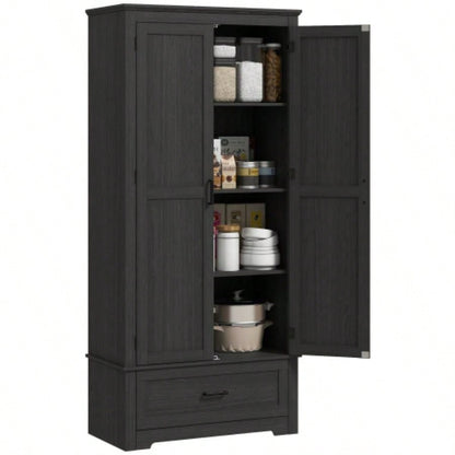 HOMCOM 69 Tall Kitchen Pantry Storage Cabinet, Farmhouse Freestanding Pantry Cabinet with 2 Doors, Drawer and Adjustable Shelves Dining Room, Black