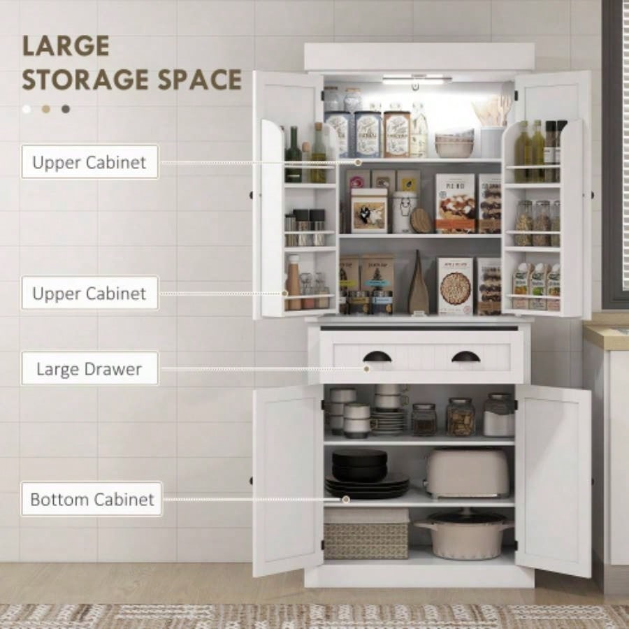 HOMCOM 71 Kitchen Pantry Cabinet with Motion Sensor Light, Tall Storage Cabinet with 6 Door Shelves, a Drawer 4 Adjustable Shelves, Living Room, Dining Room, White