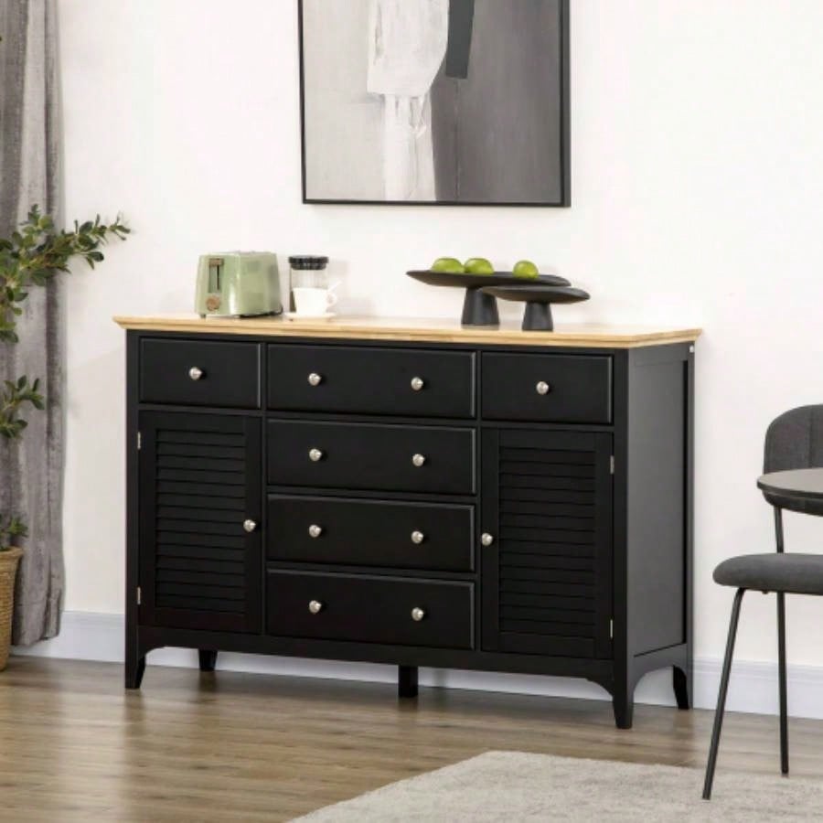 HOMCOM Sideboard Buffet Cabinet with Storage Drawers, Rubber Wood Top and Adjustable Shelves, Kitchen Cabinet Coffee Bar Cabinet, Black