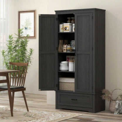 HOMCOM 69 Tall Kitchen Pantry Storage Cabinet, Farmhouse Freestanding Pantry Cabinet with 2 Doors, Drawer and Adjustable Shelves Dining Room, Black