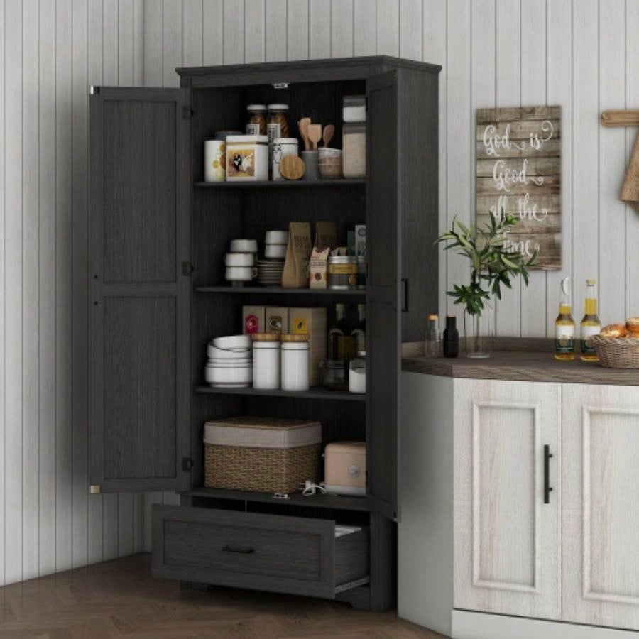 HOMCOM 69 Tall Kitchen Pantry Storage Cabinet, Farmhouse Freestanding Pantry Cabinet with 2 Doors, Drawer and Adjustable Shelves Dining Room, Black