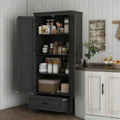 HOMCOM 69 Tall Kitchen Pantry Storage Cabinet, Farmhouse Freestanding Pantry Cabinet with 2 Doors, Drawer and Adjustable Shelves Dining Room, Black
