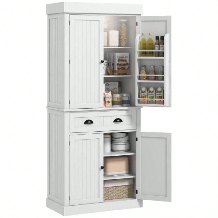 HOMCOM 71 Kitchen Pantry Cabinet with Motion Sensor Light, Tall Storage Cabinet with 6 Door Shelves, a Drawer 4 Adjustable Shelves, Living Room, Dining Room, White
