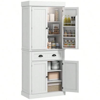 HOMCOM 71 Kitchen Pantry Cabinet with Motion Sensor Light, Tall Storage Cabinet with 6 Door Shelves, a Drawer 4 Adjustable Shelves, Living Room, Dining Room, White