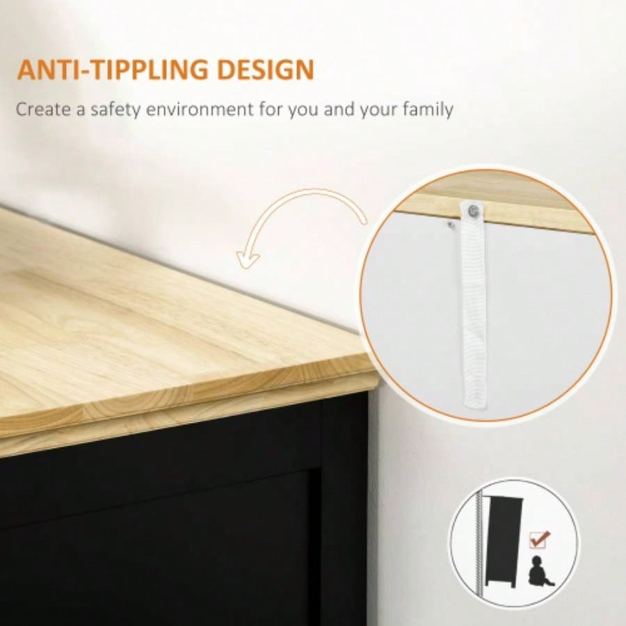 HOMCOM Sideboard Buffet Cabinet with Storage Drawers, Rubber Wood Top and Adjustable Shelves, Kitchen Cabinet Coffee Bar Cabinet, Black