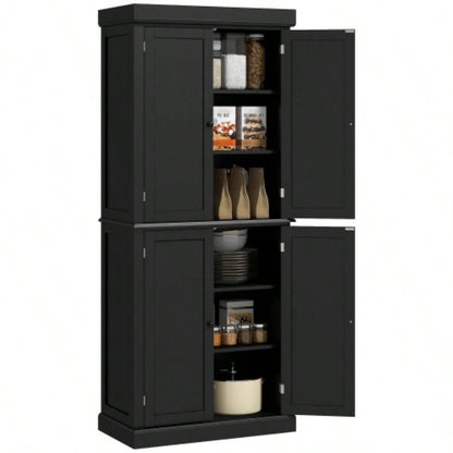 HOMCOM 72.5 Kitchen Pantry Storage Cabinet, Freestanding Kitchen Cupboard with 4 Doors and Adjustable Shelves Dining Room, MDF Black