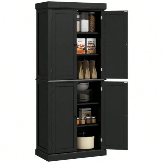 HOMCOM 72.5 Kitchen Pantry Storage Cabinet, Freestanding Kitchen Cupboard with 4 Doors and Adjustable Shelves Dining Room, MDF Black