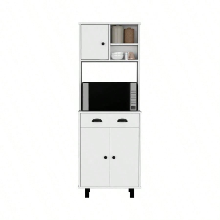 DEPOT E - SHOP Waco 67 H Kitchen Pantry with Two Cabinets, Two Open Shelves, and One Drawer, White