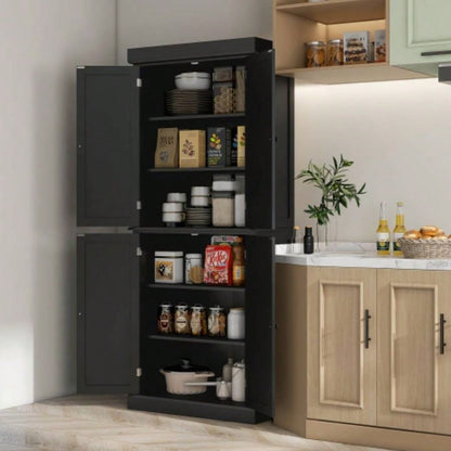 HOMCOM 72.5 Kitchen Pantry Storage Cabinet, Freestanding Kitchen Cupboard with 4 Doors and Adjustable Shelves Dining Room, MDF Black